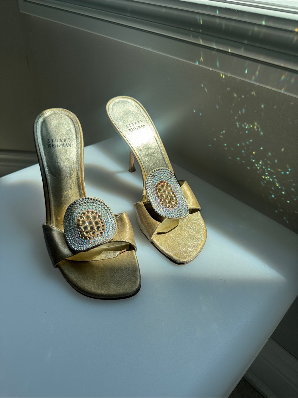 Stuart Weitzman Metallic Gold Crystal-Embellished Slide Mules